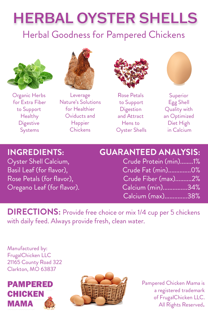 Organic herbal oyster shells for chickens, calcium supplement in a pink and white bag by Dahlia Pets. Available in 3, 6, and