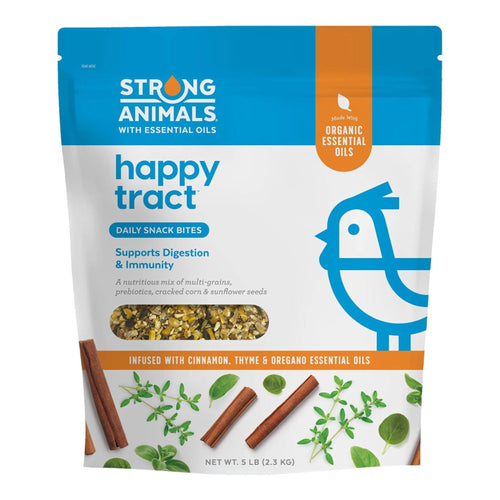 5 lb bag of Hatching Time Happy Tract Chicken Digestive Health Treats with visible grains and colorful packaging