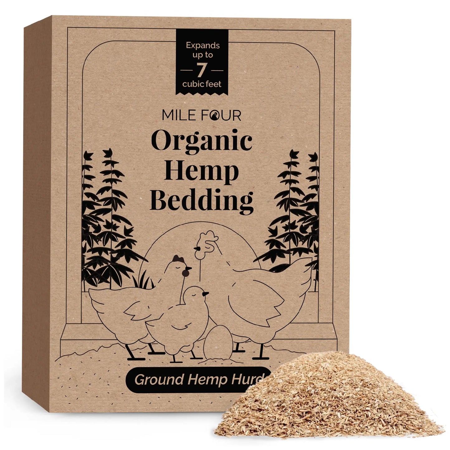 Organic hemp bedding for chicken coops, 44 lbs, hyper absorbent, biodegradable, made in the USA by Mile Four.