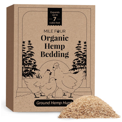 Organic hemp bedding for chicken coops, 44 lbs, hyper absorbent, biodegradable, made in the USA by Mile Four.