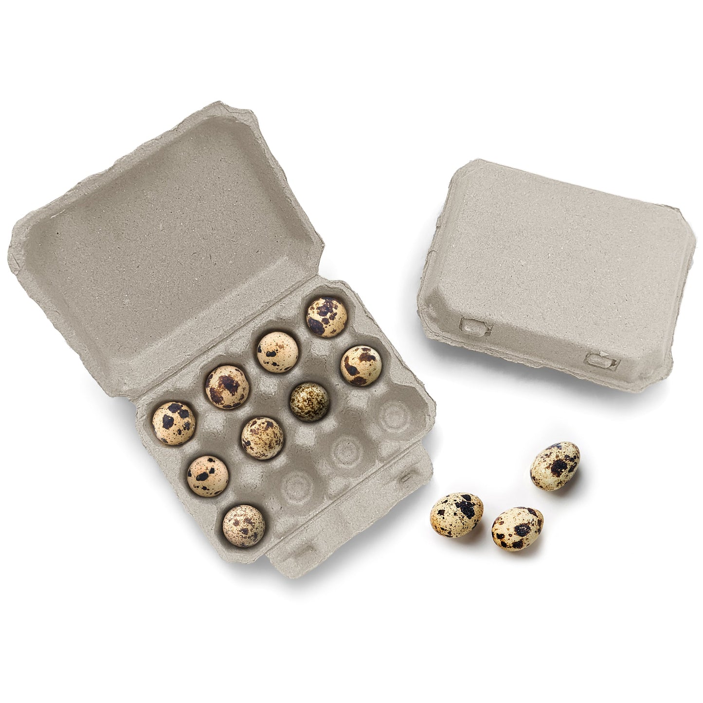12-count recycled cardboard quail egg cartons in brown, biodegradable packaging by My Pet Chicken, bulk 144-pack