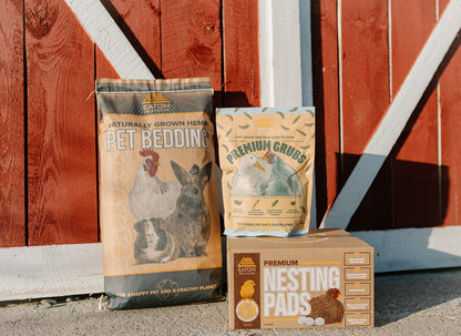 Premium chicken coop starter bundle with hemp bedding, nesting pads, and premium grubs by Eaton Pet and Pasture.