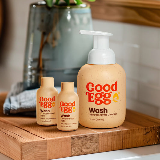 GoodEgg Wash concentrated egg wash refill pack, featuring two eco-friendly 8 oz bottles.