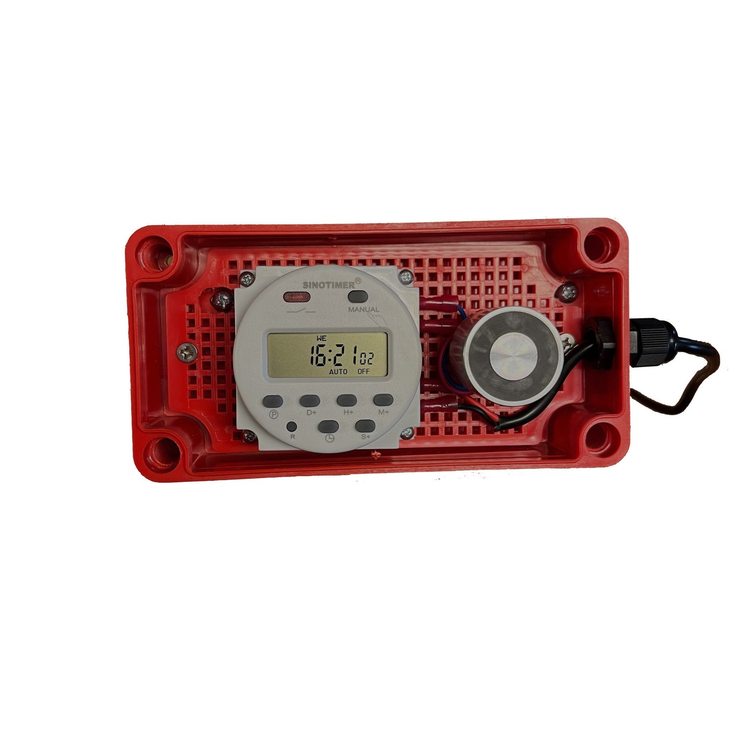 Automatic poultry nest box opener with timer, featuring a red plastic casing and durable components, by HenGear.