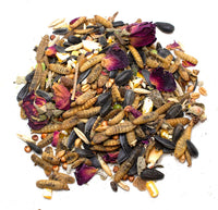 Omega-3 rich chicken treat mix with BloomGrubs, seeds, and dried flowers from Dahlia Pets, available in 4lb and 8lb options.