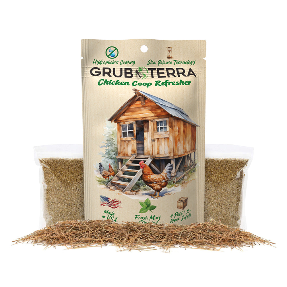 GrubTerra Chicken Coop Refresher in Mint, 15-week formula, with natural bedding life extender and deodorizer features.
