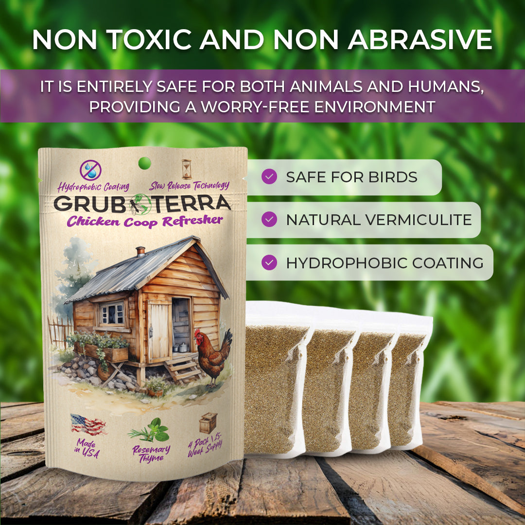 GrubTerra Chicken Coop Deodorizer bag with natural vermiculite, featuring a rustic chicken coop illustration.