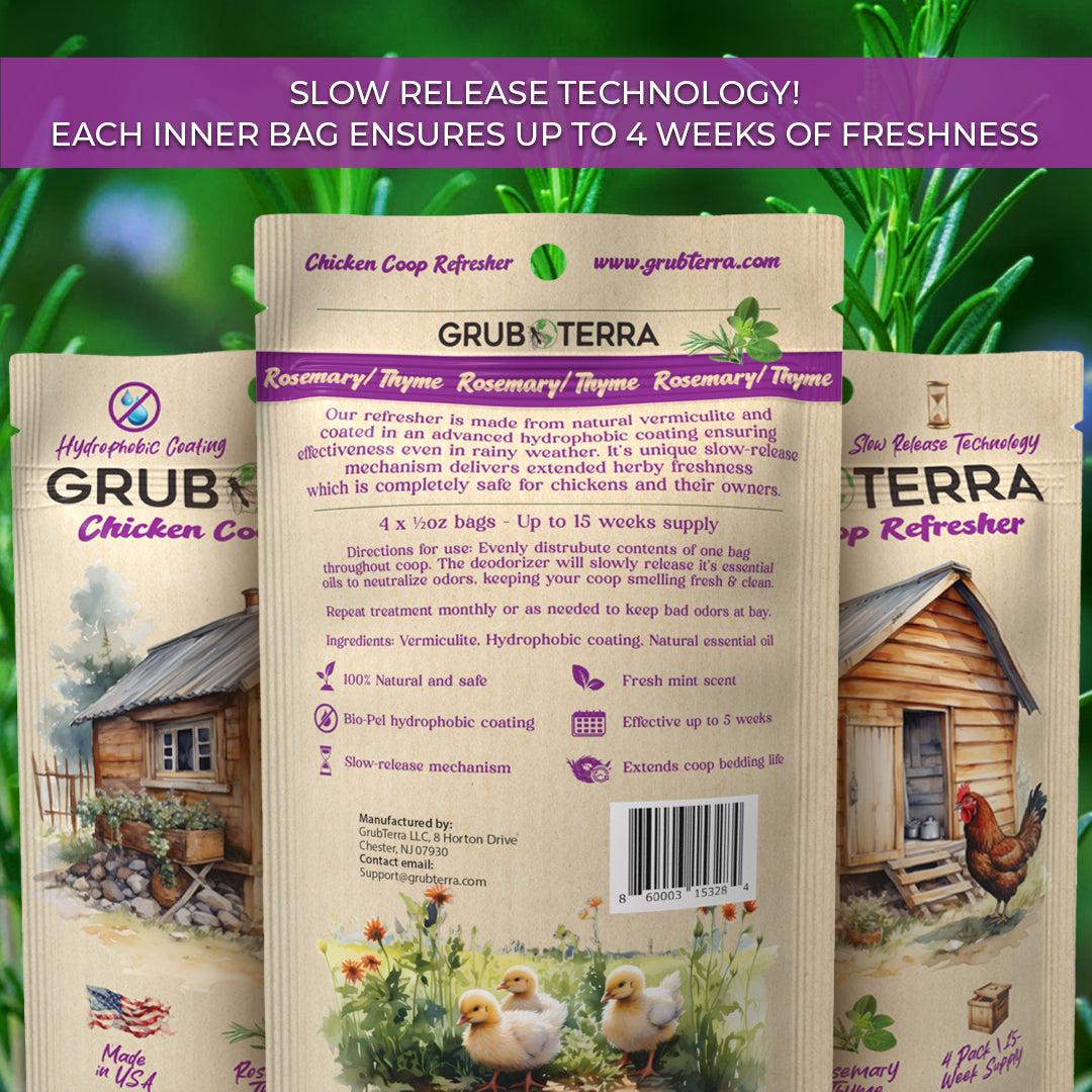 GrubTerra Chicken Coop Deodorizer with Rosemary Thyme, 15-week formula, 4 x 10 oz bags for extended freshness.