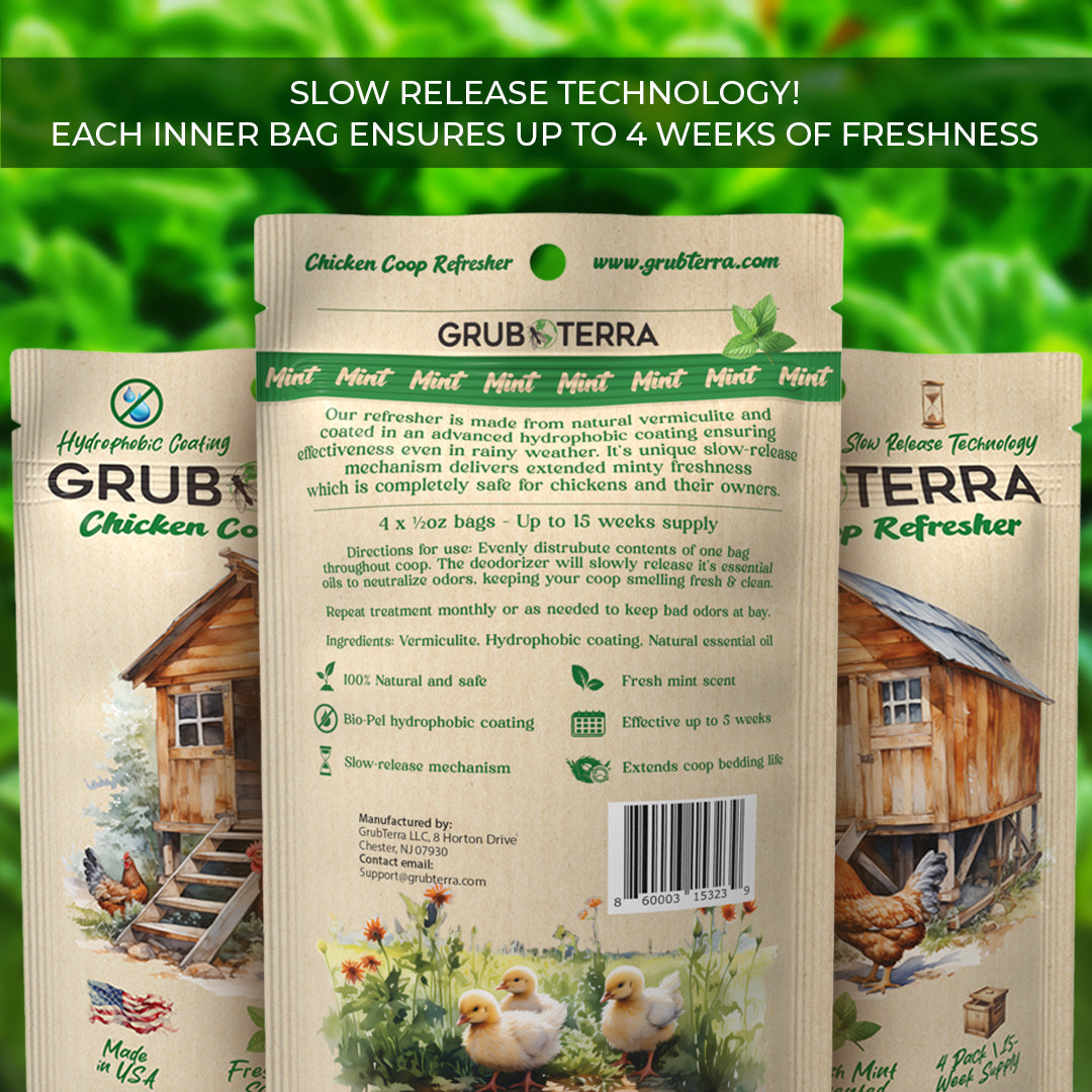 GrubTerra chicken coop deodorizer in Mint, 15-week formula with hydrophobic coating for long-lasting freshness.