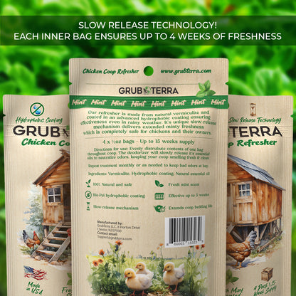 GrubTerra chicken coop deodorizer in Mint, 15-week formula with hydrophobic coating for long-lasting freshness.