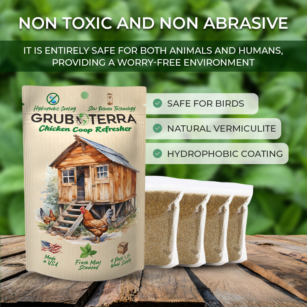 GrubTerra Natural Chicken Coop Deodorizer with mint scent in eco-friendly packaging, suitable for backyard chicken coops.