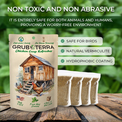 GrubTerra Natural Chicken Coop Deodorizer with mint scent in eco-friendly packaging, suitable for backyard chicken coops.