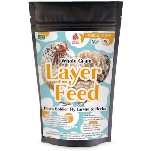 Whole grain layer feed with black soldier fly larvae and herbs, 16% protein, by Dahlia Pets, 20-pound bag.