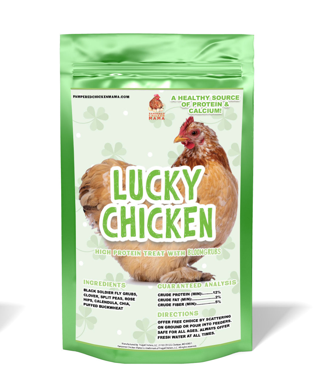 Protein-rich chicken treat with black soldier fly larvae, 4-pound green bag, by Dahlia Pets.