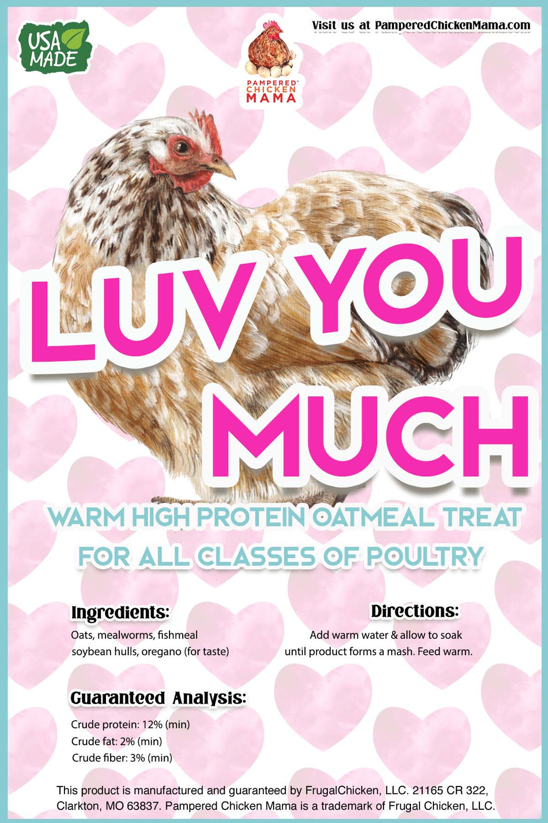 Warm high-protein oatmeal chicken treat, formulated for all poultry, by Dahlia Pets, available in 4 and 8-pound sizes.