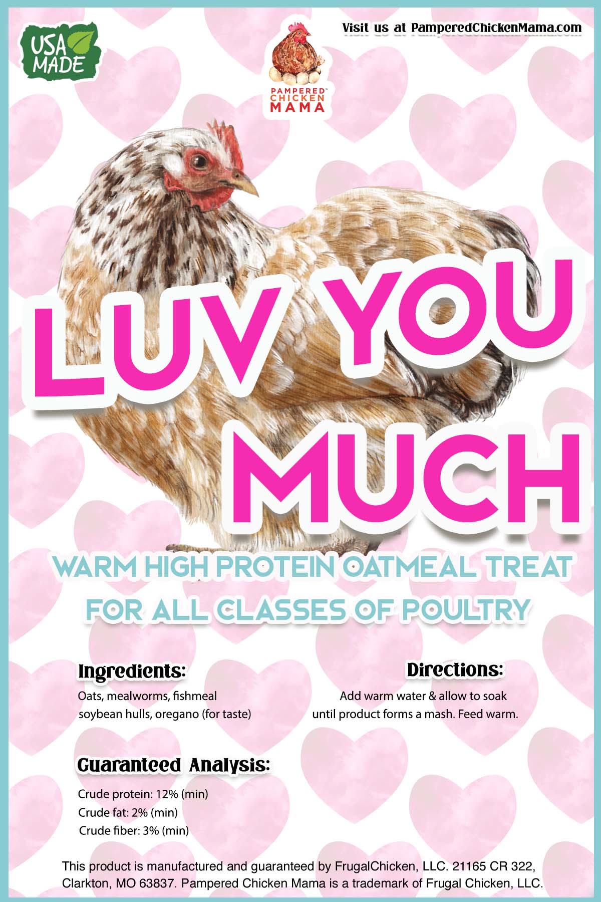 Warm high-protein oatmeal chicken treat, formulated for all poultry, by Dahlia Pets, available in 4 and 8-pound sizes.