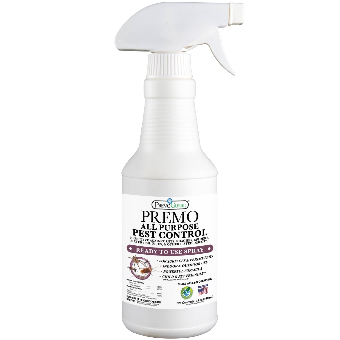 Premo Guard plant-based all-purpose pest control spray bottle, 32 oz, non-toxic and child-safe.