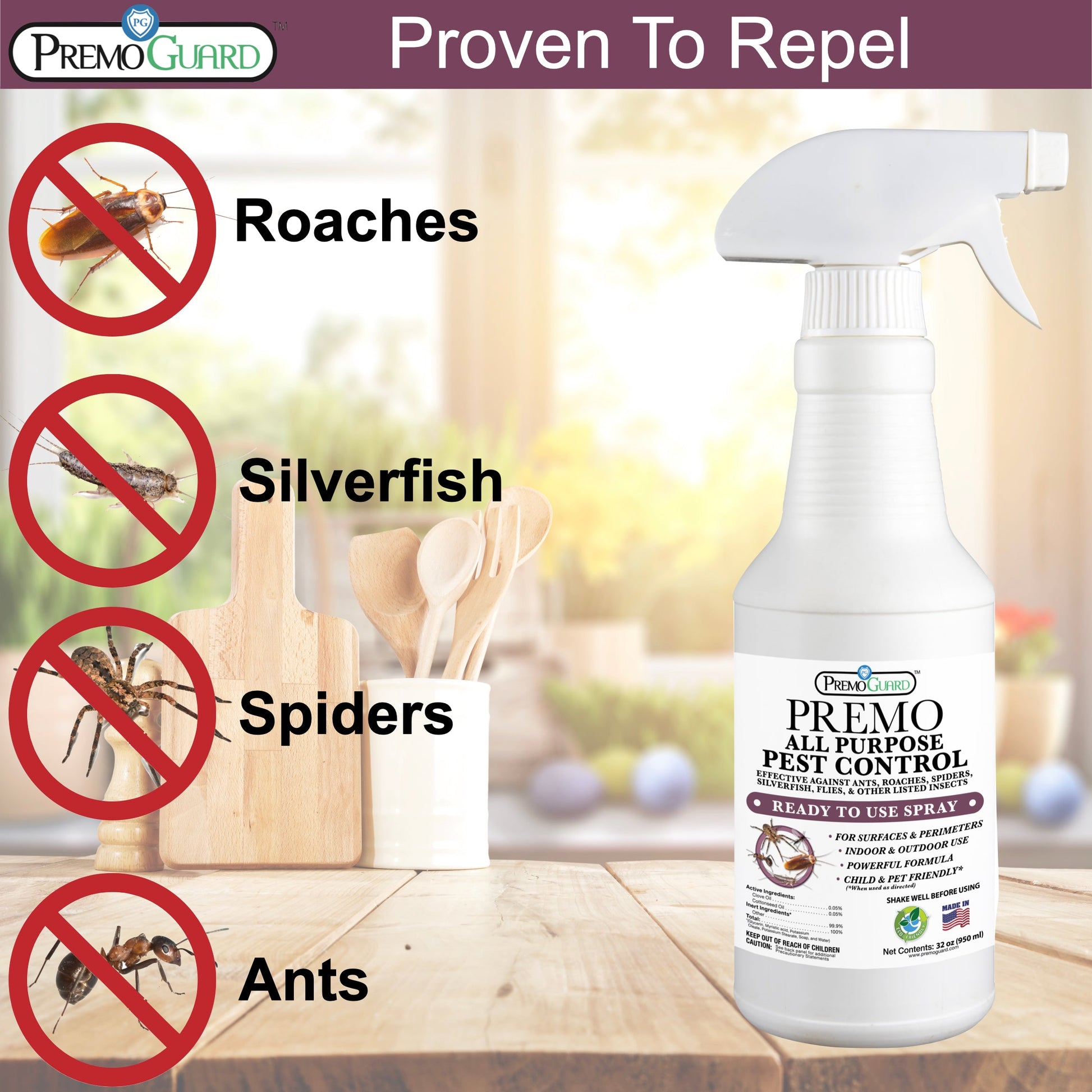 Premo Guard 32 oz plant-based pest control spray bottle, non-toxic, child-safe, with essential oils for pest management