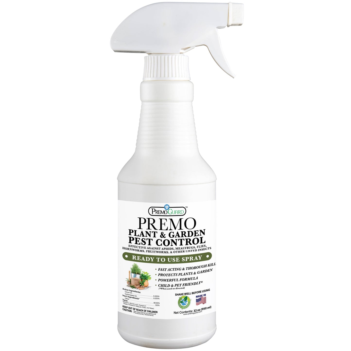 32oz spray bottle of Premo Natural Plant Pest Control, organic non-toxic pesticide for garden pest prevention