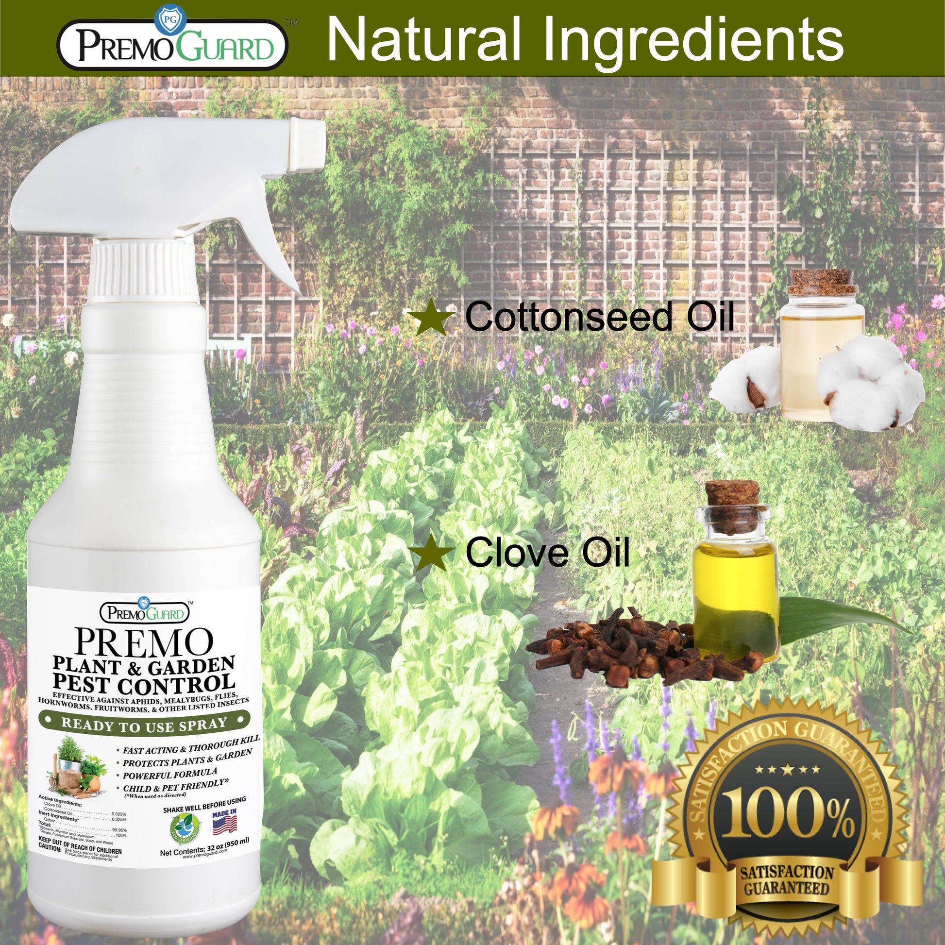 Premo Natural Plant Pest Control Spray 32oz bottle, organic non-toxic pesticide for garden pest prevention