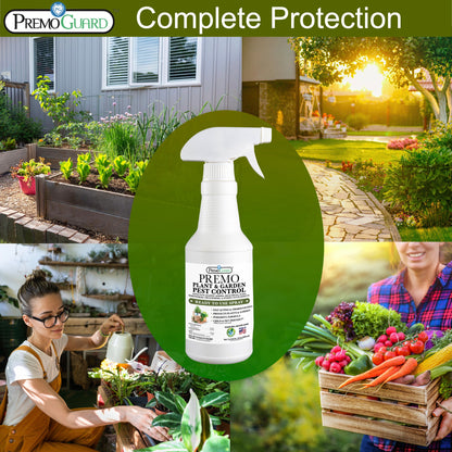 Premo Natural Plant Pest Control Spray 32oz in a clear bottle, designed for organic garden pest prevention.