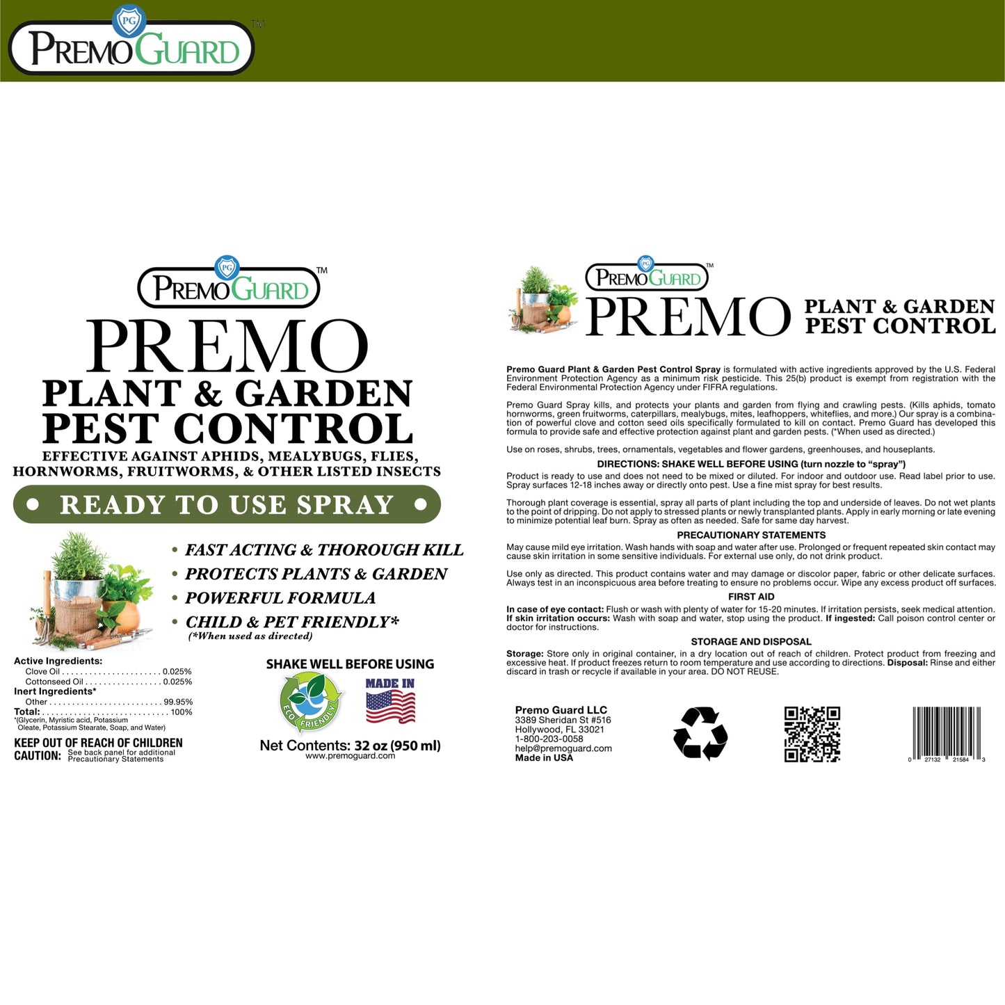 Premo Natural Plant Pest Control Spray 32oz - Organic Garden Safe