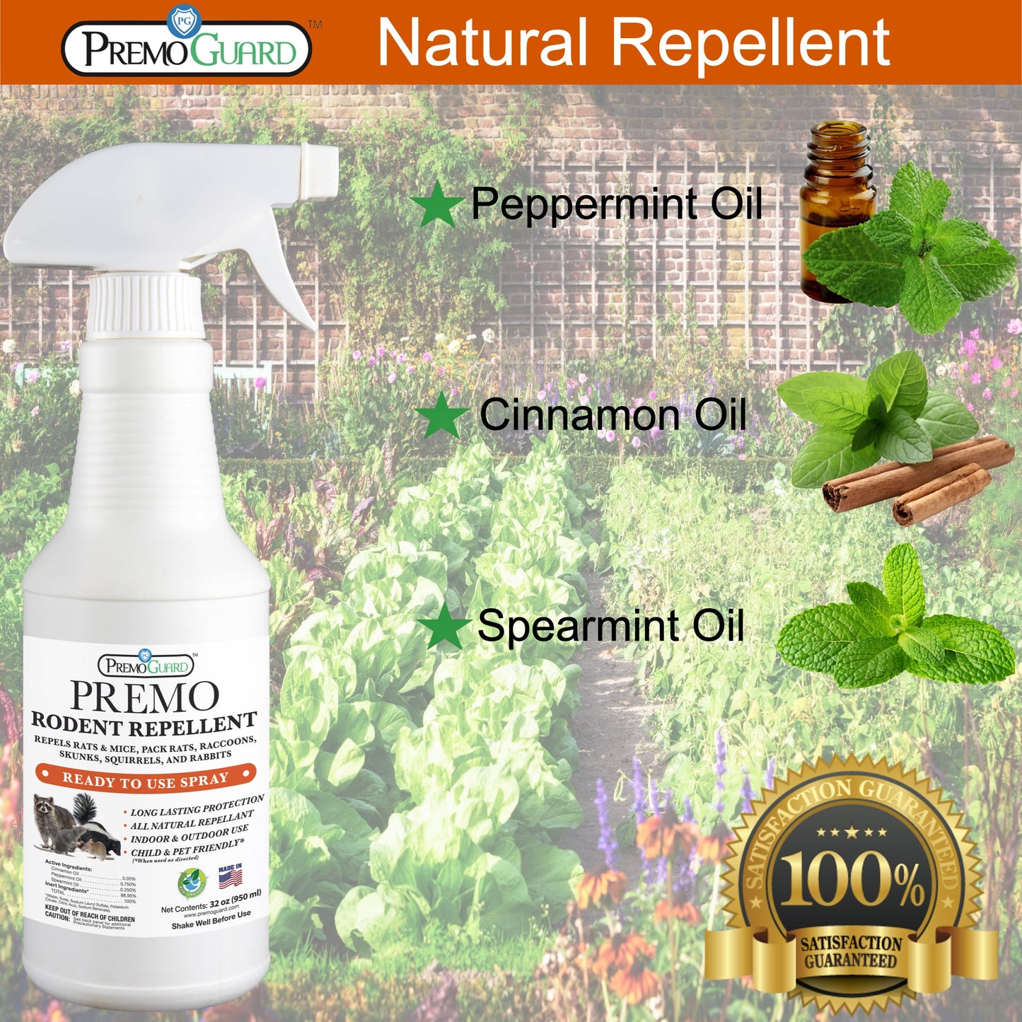 Spray répulsif contre les rongeurs - 940 ml - À base de plantes, entièrement naturel et non toxique - Par Premo Guard