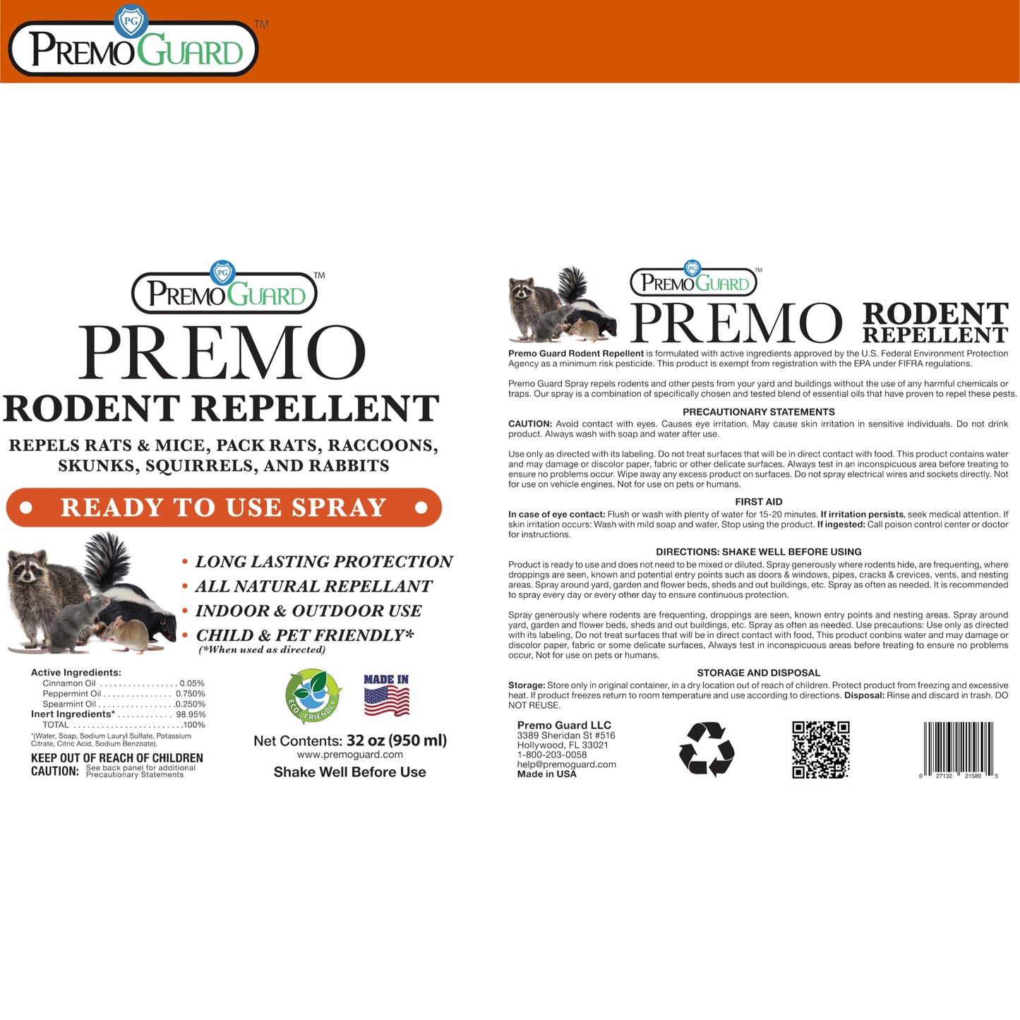 32oz biodegradable peppermint oil rodent repellent spray by Premo Natural Products in a clear bottle
