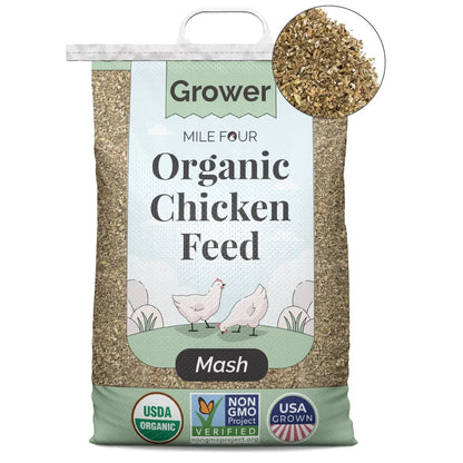 Organic corn-free, soy-free grower chicken feed by Mile Four in pellet form, available in 2 lbs., 23 lbs., and 46 lbs.