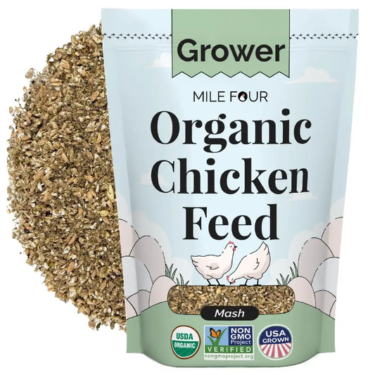 Organic corn-free, soy-free chicken feed pellets in a branded bag by Mile Four, available in multiple sizes.