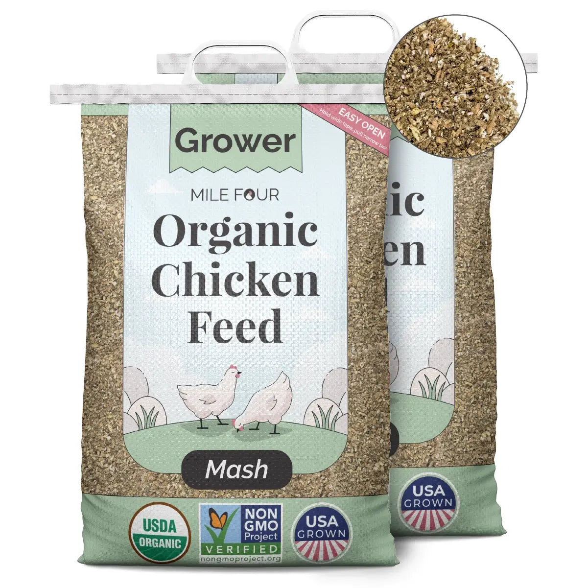 Organic corn-free, soy-free chicken feed pellets by Mile Four in a 2 lbs. bag, non-GMO, fresh milled