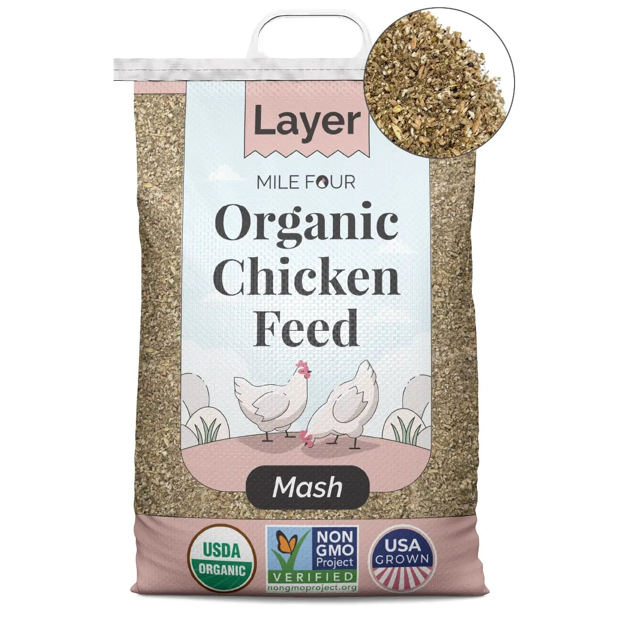Bag of Mile Four Organic Layer Chicken Feed, pellet form, corn-free, soy-free, non-GMO, 46 lbs.