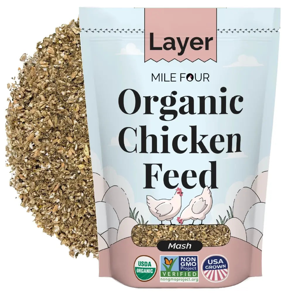 Mile Four organic layer chicken feed pellets, corn-free, soy-free, non-GMO, available in multiple sizes.