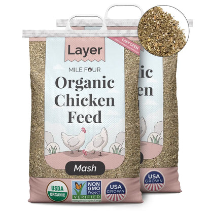 Mile Four Organic Layer Chicken Feed in pellet form, corn-free, soy-free, non-GMO, 2 lbs, 23 lbs, 46 lbs options available.