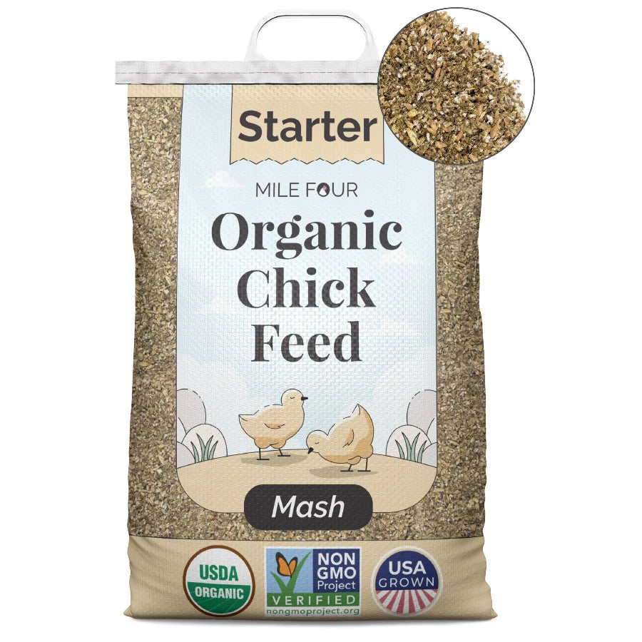 Mile Four organic corn-free chicken starter feed in 2 lbs. mash, non-GMO and soy-free for healthy chick nutrition