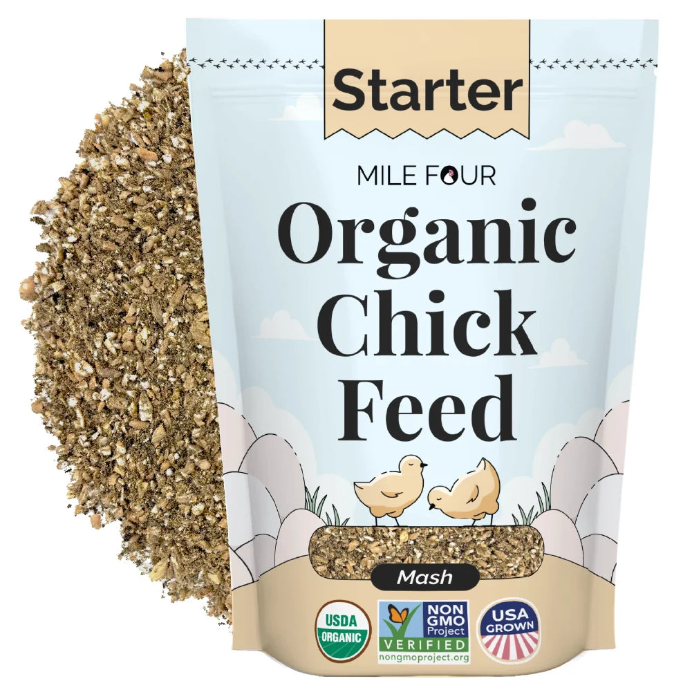 Organic corn-free chicken starter feed by Mile Four in a 23 lb. bag, non-GMO and soy-free, mash texture.