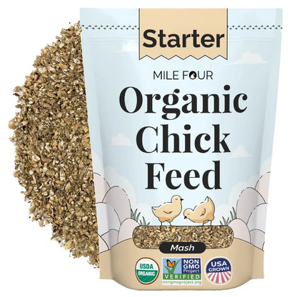 Organic corn-free chicken starter feed by Mile Four in a 23 lb. bag, non-GMO and soy-free, mash texture.