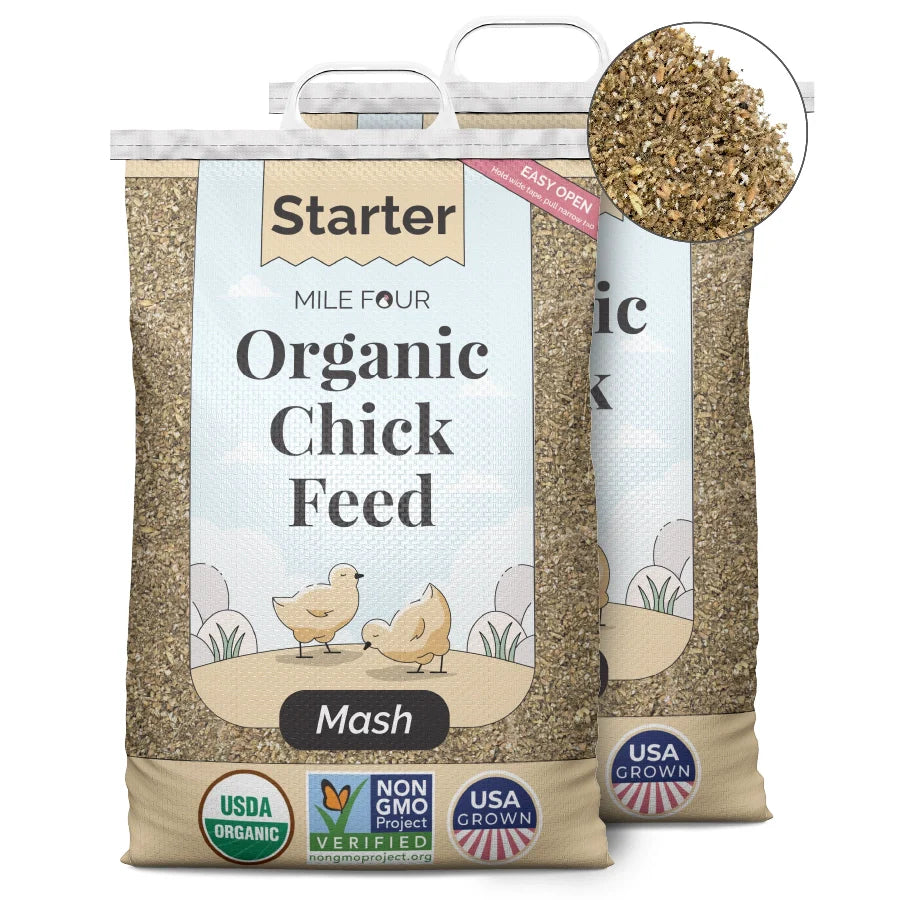 Mile Four organic corn-free chicken starter feed in a 2 lbs. bag, suitable for baby chicks, non-GMO and soy-free.