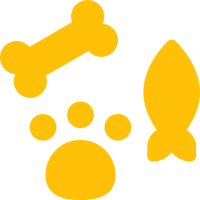 Yellow dog bone, paw print, and fish icon on a white background