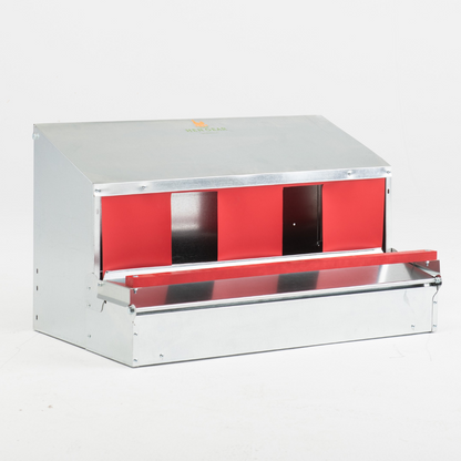 Galvanized steel 34-inch rollout nest box by HenGear for 32 hens, designed for backyard chicken coops.