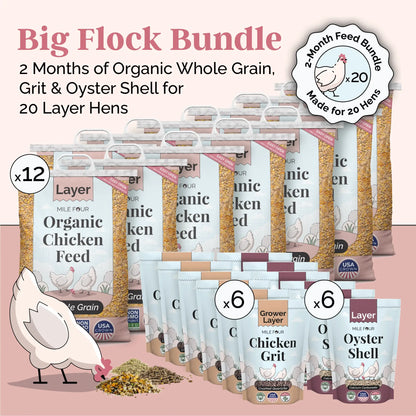 Organic Layer Feed Bundle for 20 hens, includes grit and shell, available in mash, pellet, and whole grain by Mile Four.