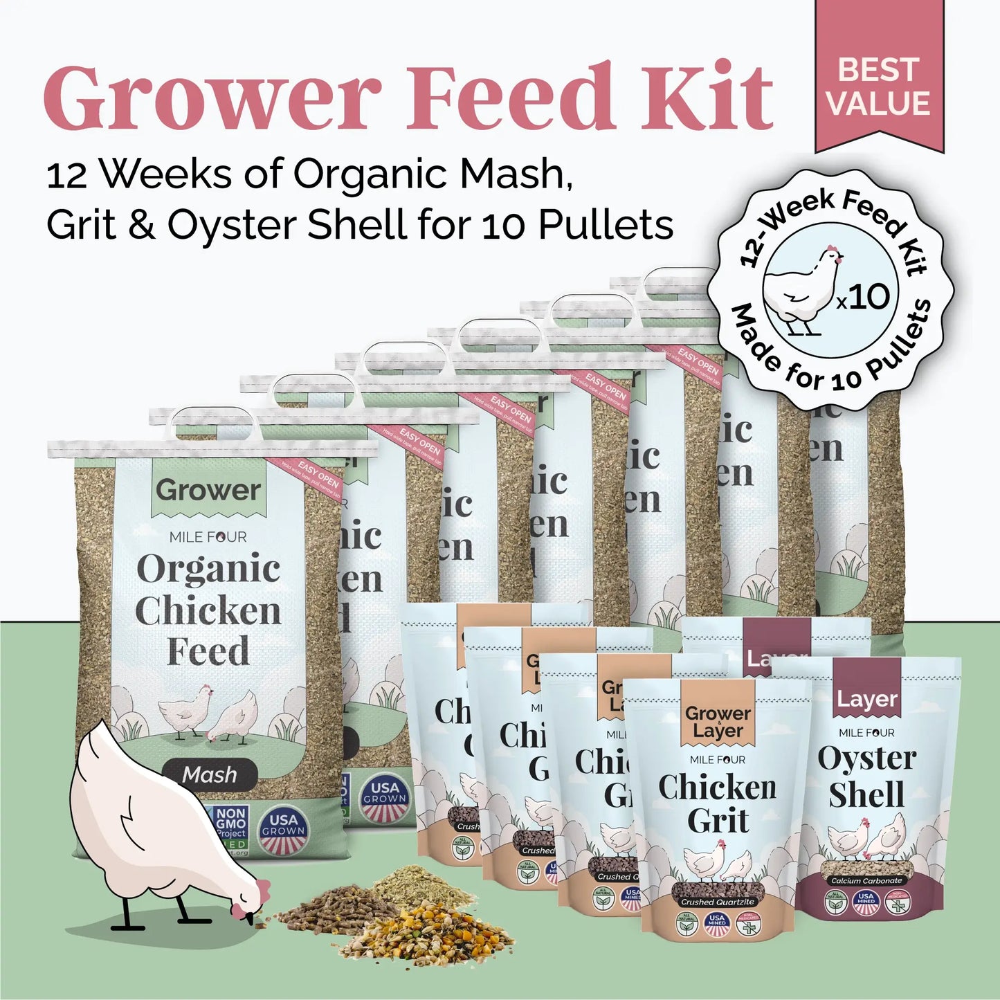 Organic chicken feed kit from Mile Four, 12-week supply for 10 pullets, featuring mash, pellets, and whole grain options.