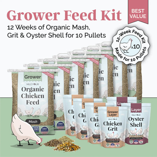 Organic chicken feed kit by Mile Four for 10 pullets, 12-week supply, includes grit, available in mash, pellet, and whole gr
