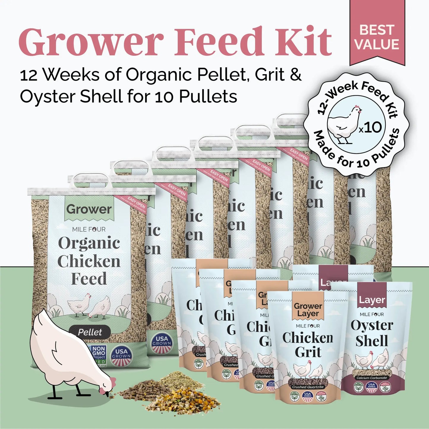Organic Grower Feed Kit - 12 Week Supply for 10 Pullets w/ Grit