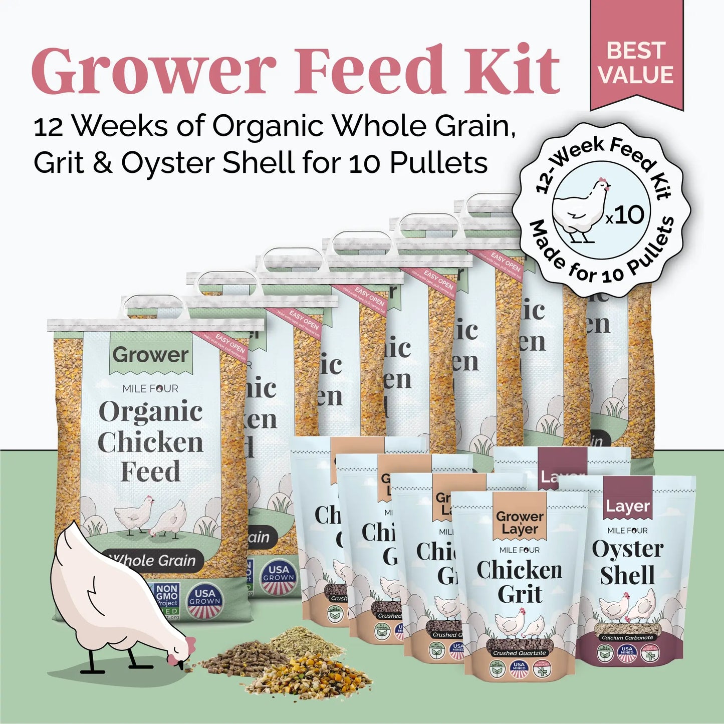 Organic Grower Feed Kit - 12 Week Supply for 10 Pullets w/ Grit