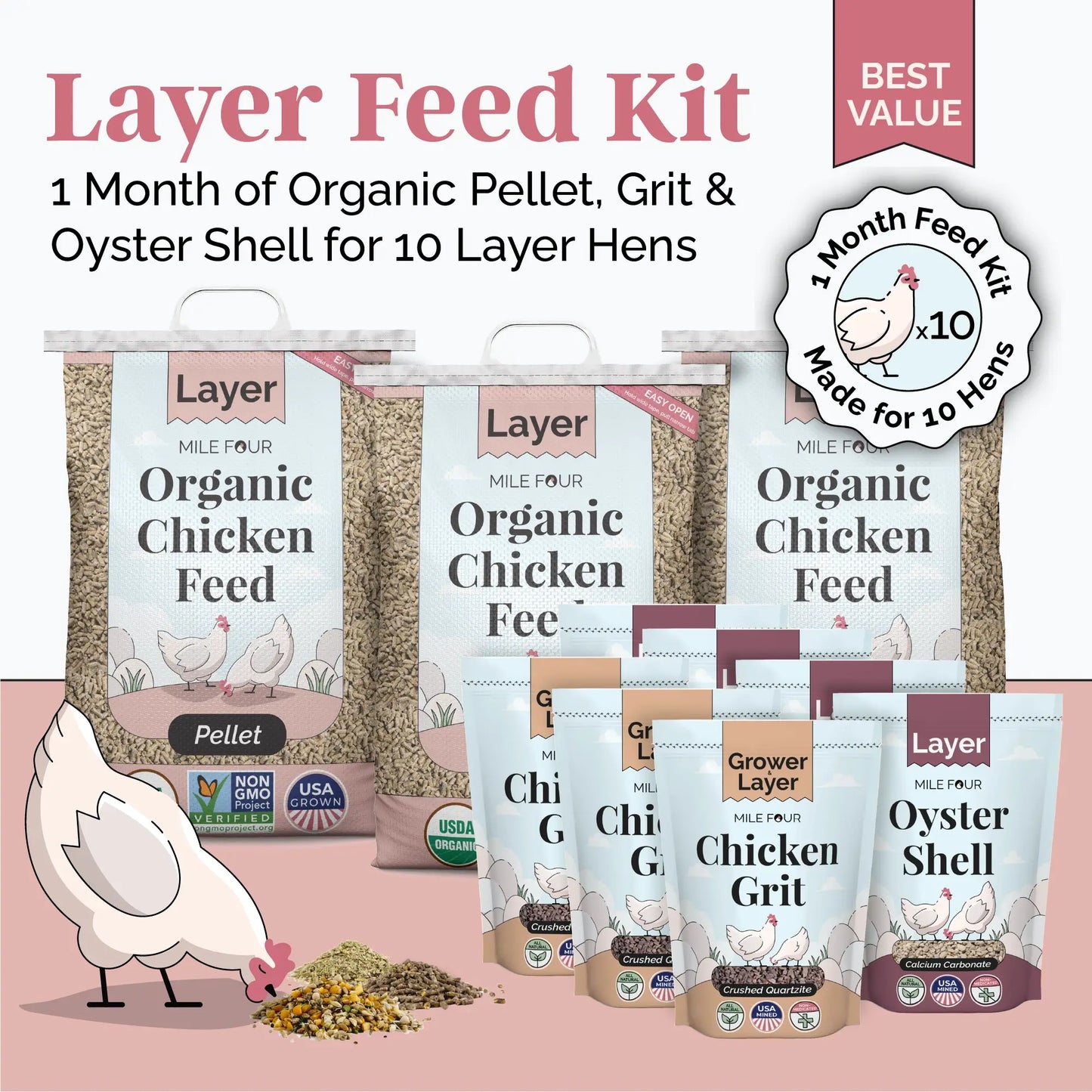 Organic Layer Feed Kit - 1 Month Supply for 10 Chickens w/ Grit