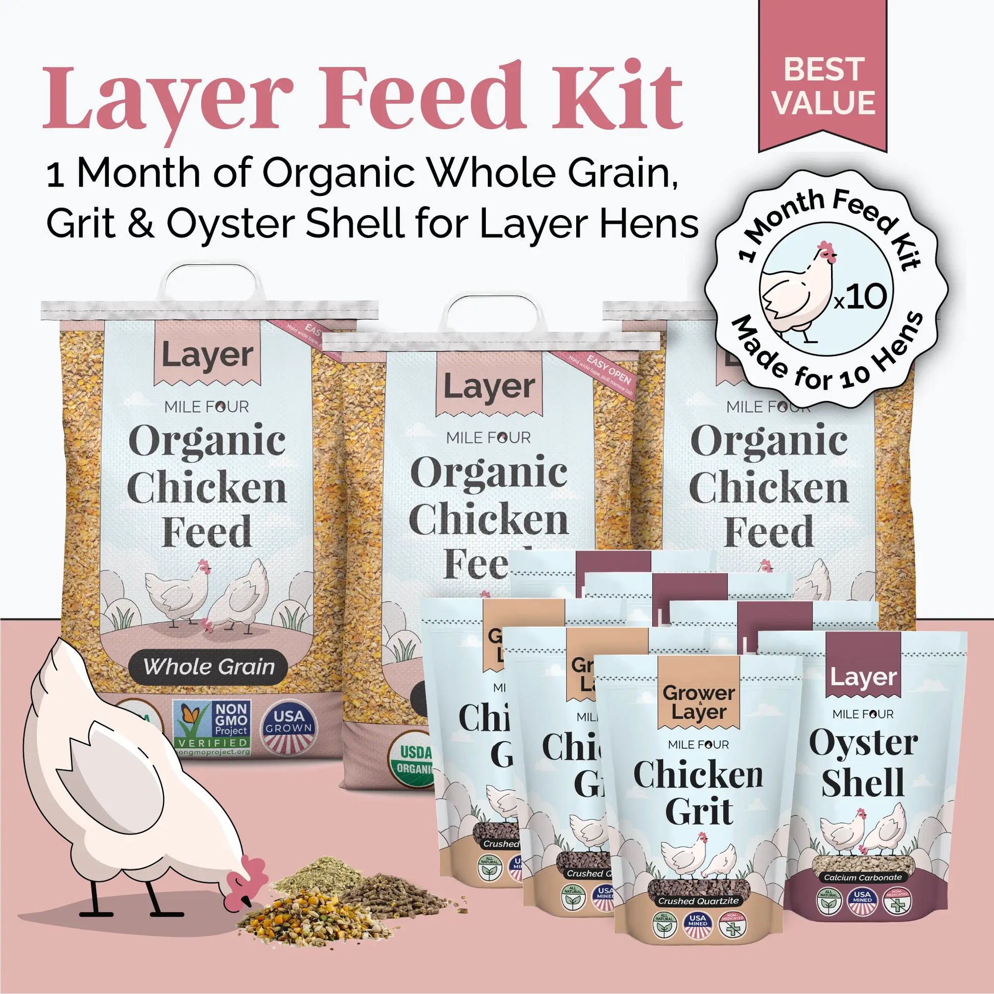 Organic Layer Feed Kit by Mile Four for 6 chickens, featuring mash, pellet, and whole grain options with grit.