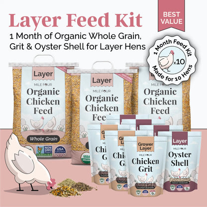 Organic Layer Feed Kit by Mile Four for 6 chickens, featuring mash, pellet, and whole grain options with grit.