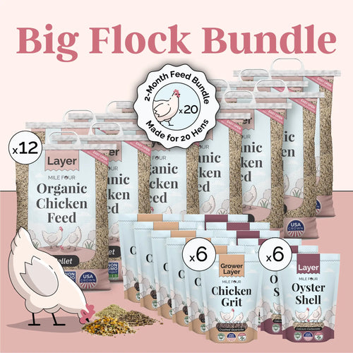 Organic chicken feed bundle for 20 hens, featuring mash, pellets, whole grain, grit, and shell from Mile Four