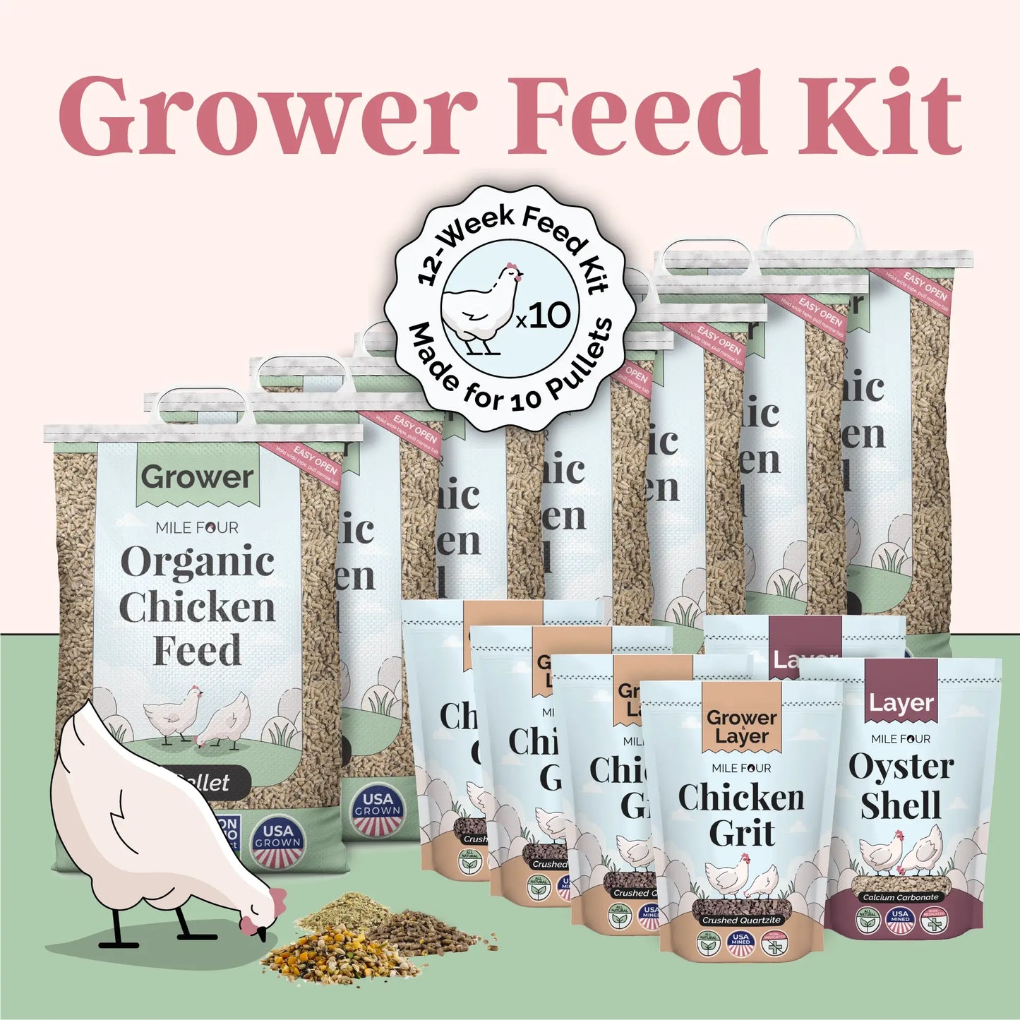 Organic chicken feed kit by Mile Four for 10 pullets, 12-week supply, includes grit, available in mash, pellet, and whole gr